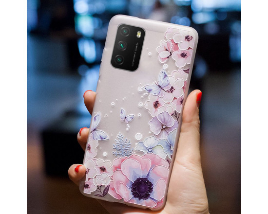 Рельефный силиконовый чехол для Xiaomi Poco M3 с картинкой Цветы и бабочки
