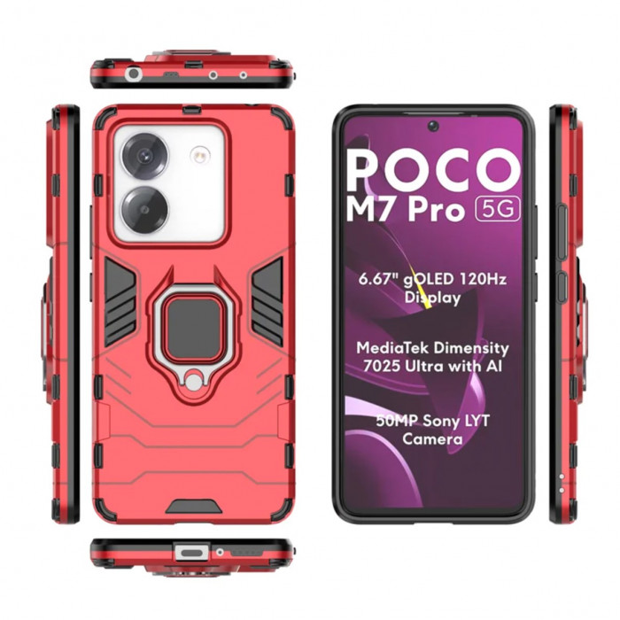 Защитный бампер IronMan для Xiaomi Poco M7 Pro 5G с кольцом-держателем Красный