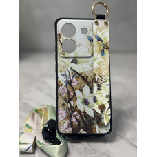 Силиконовый чехол для Xiaomi Poco M7 Pro 5G с ремешком-подставкой и на шею Цветы на бежевом