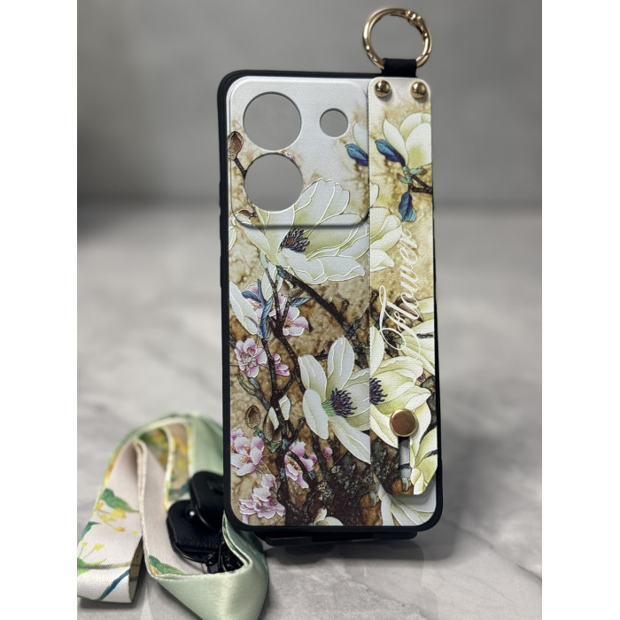 Силіконовий чохол для Xiaomi Poco M7 Pro 5G з ремінцем-підставкою та на шию Квіти на бежевому