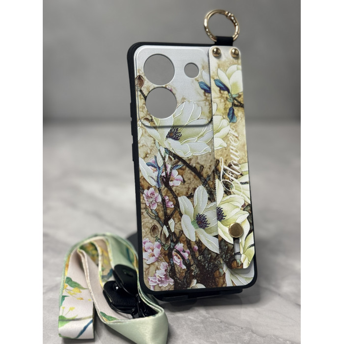 Силіконовий чохол для Xiaomi Poco M7 Pro 5G з ремінцем-підставкою та на шию Квіти на бежевому