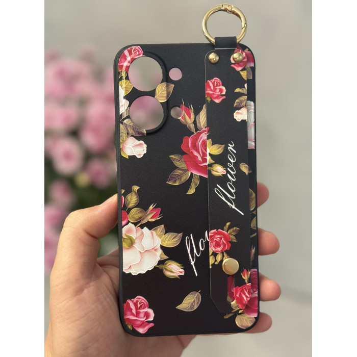 Силиконовый чехол для Xiaomi Poco X8 Pro с ремешком-подставкой Розы на черном
