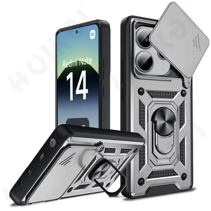 Ультратонкий протиударний чохол Camshield для Xiaomi Redmi Note 14 4G 24117RN76E з кільцем-тримачем Сріблястий