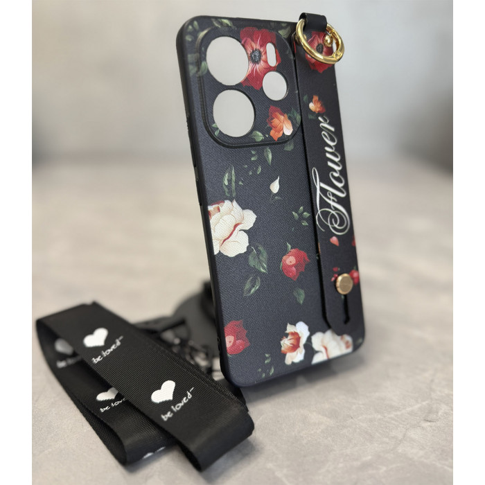 Силіконовий чохол для Xiaomi Redmi Note 14 4G 24117RN76E з ремінцем-підставкою та на шию Вечірні троянди