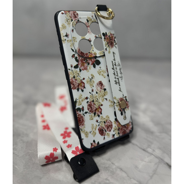 Силіконовий чохол для Xiaomi Redmi Note 14 Pro 4G з ремінцем-підставкою та на шию Рожеві троянди