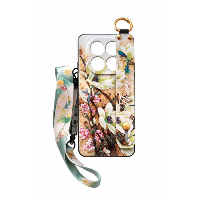 Силіконовий чохол для Xiaomi Redmi Note 14 Pro 5G з ремінцем-підставкою та на шию Квіти на бежевому