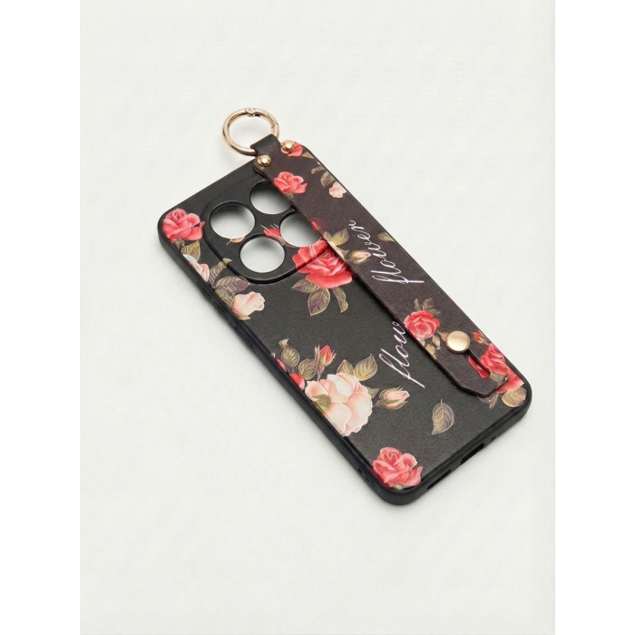 Силиконовый чехол для Xiaomi Redmi Note 14 Pro+ 5G с ремешком-подставкой Розы на черном