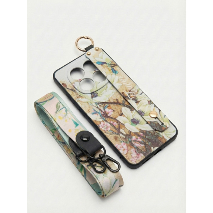 Силіконовий чохол для Xiaomi Redmi Note 14 Pro 5G з ремінцем-підставкою та на шию Квіти на бежевому