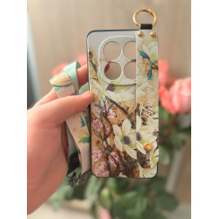 Силиконовый чехол для Xiaomi Redmi Note 14 Pro 4G с ремешком-подставкой и на шею Цветы на бежевом