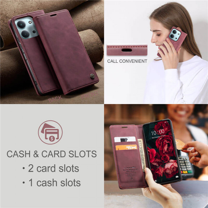 Чехол-книжка CaseMe из нубука для Xiaomi Redmi 15C 173mm Бордовый