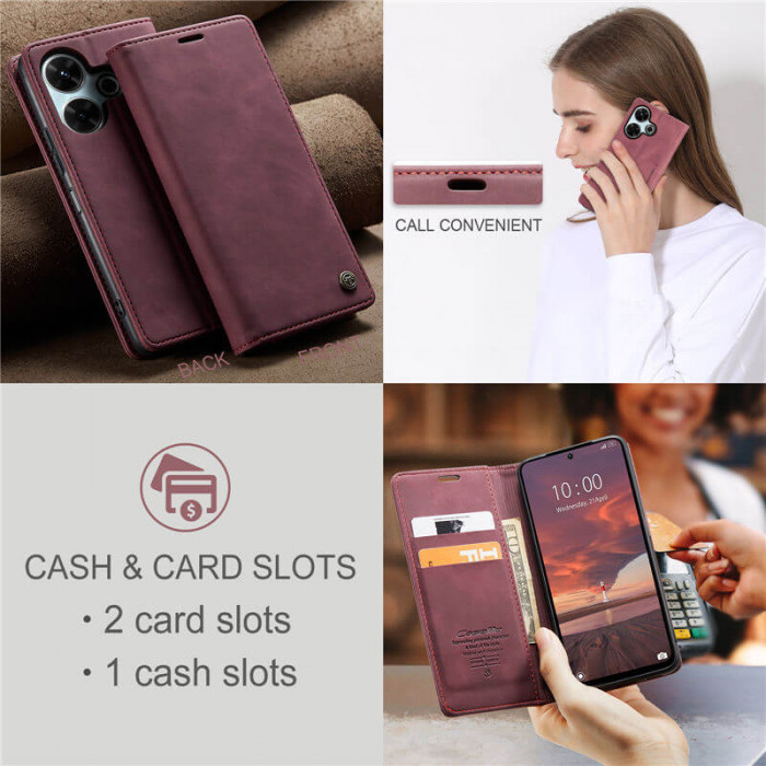 Чехол-книжка CaseMe из нубука для Xiaomi Poco F6 Бордовый