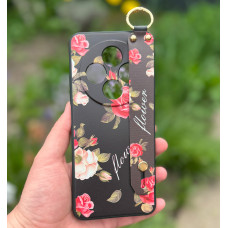 Силиконовый чехол для Xiaomi Poco C75 с ремешком-подставкой Розы на черном