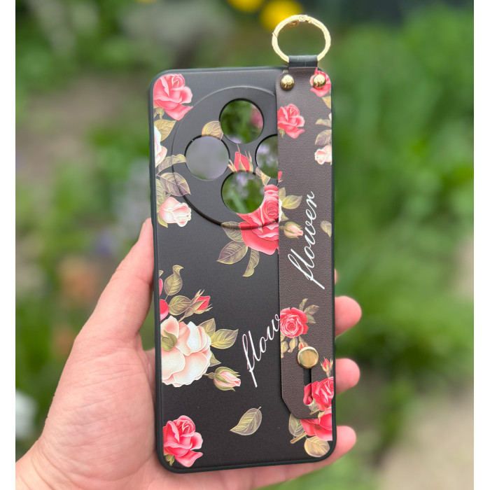 Силиконовый чехол для Xiaomi Poco C75 с ремешком-подставкой Розы на черном