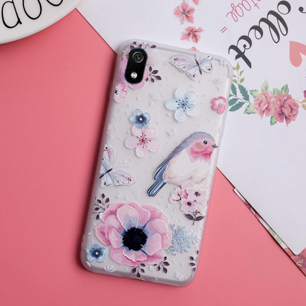 Рельефный силиконовый чехол для Xiaomi Redmi 7a с картинкой Цветы и птица