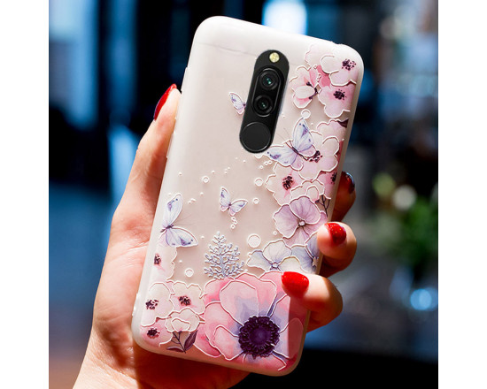 Рельефный силиконовый чехол для Xiaomi Redmi 8 с картинкой - Цветы и бабочки