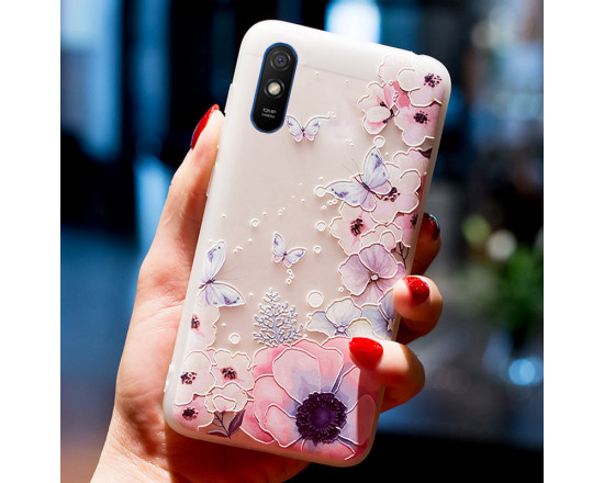 Рельефный силиконовый чехол для Xiaomi Redmi 9a с картинкой - Цветы и бабочки
