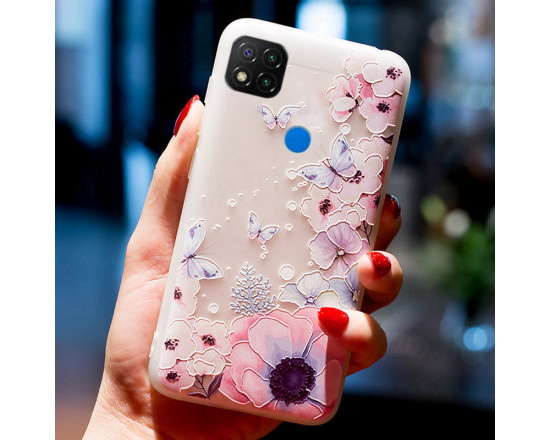 Рельефный силиконовый чехол для Xiaomi Redmi 9c с картинкой Цветы и бабочки