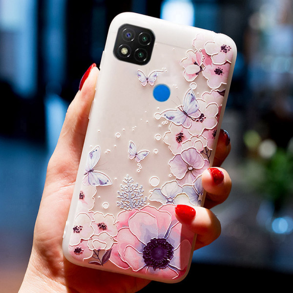 Рельефный силиконовый чехол для Xiaomi Redmi 9c с картинкой Цветы и бабочки