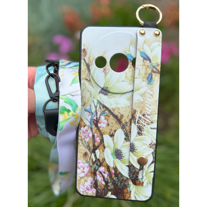 Силіконовий чохол для Xiaomi Redmi A3 з ремінцем-підставкою та на шию Квіти на бежевому