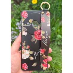 Силіконовий чохол для Xiaomi Redmi A3 з ремінцем-підставкою Троянди на чорному