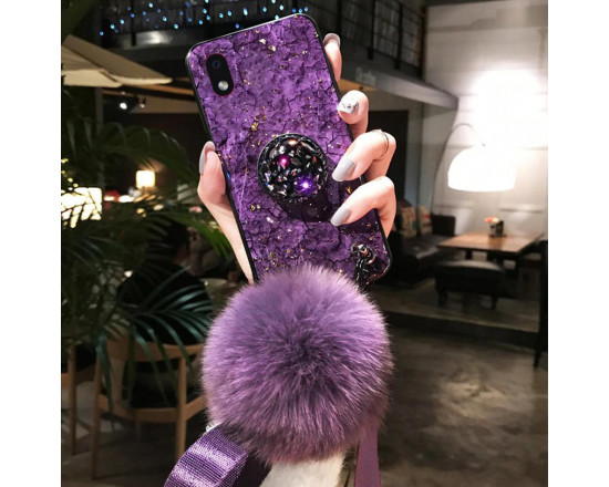 Силиконовый чехол с попсокетом и меховым помпоном для Samsung A01 Фиолетовый