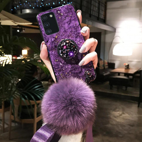 Силіконовий чохол з попсокетом та хутряним помпоном для Samsung A02s Фіолетовий