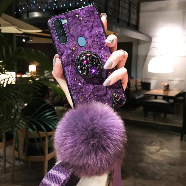 Силиконовый чехол с попсокетом и меховым помпоном для Samsung A11 Фиолетовый