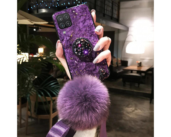 Силіконовий чохол з попсокетом та хутряним помпоном для Samsung A12 Фіолетовий