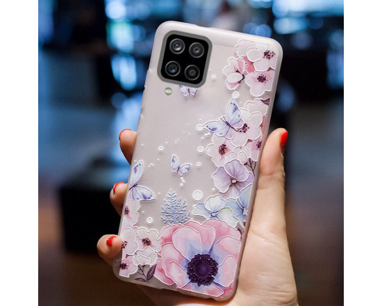 Рельефный силиконовый чехол для Samsung A12 с картинкой Цветы и бабочки