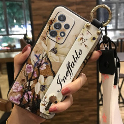 Силиконовый чехол для Samsung Galaxy A23 с ремешком-подставкой и на шею Цветы на бежевом
