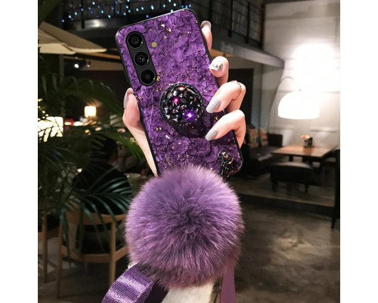 Силиконовый чехол с попсокетом и меховым помпоном для Samsung A34 Фиолетовый