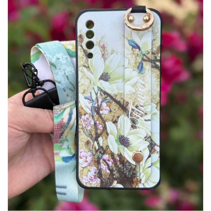 Силиконовый чехол для Samsung Galaxy A50/A30s с ремешком-подставкой и на шею Цветы на бежевом