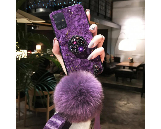 Силиконовый чехол с попсокетом и меховым помпоном для Samsung M51 Фиолетовый