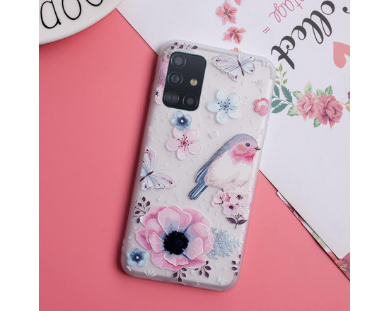 Рельефный силиконовый чехол для Samsung A51 с картинкой Цветы и птица
