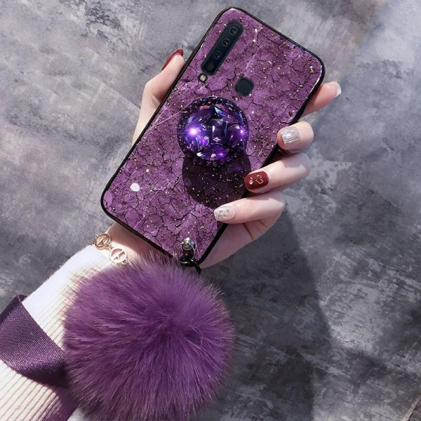 Силиконовый чехол с попсокетом и меховым помпоном для Samsung A9 2018 Фиолетовый