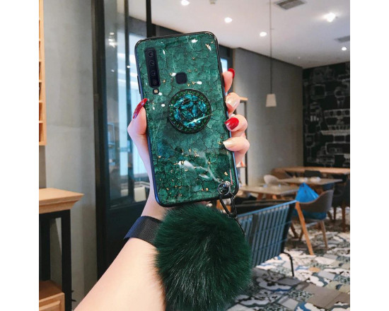 Силиконовый чехол с попсокетом и меховым помпоном для Samsung A9 2018 Зелёный