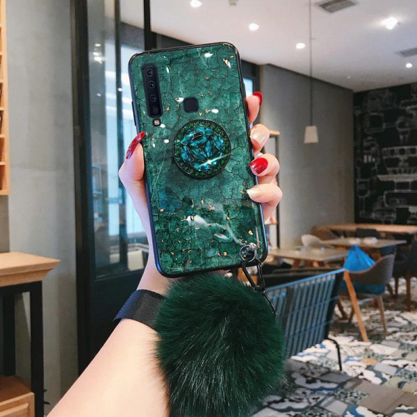 Силіконовий чохол з попсокетом та хутряним помпоном для Samsung A9 2018 Зелений