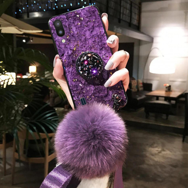 Силиконовый чехол с попсокетом и меховым помпоном для Samsung M10 Фиолетовый