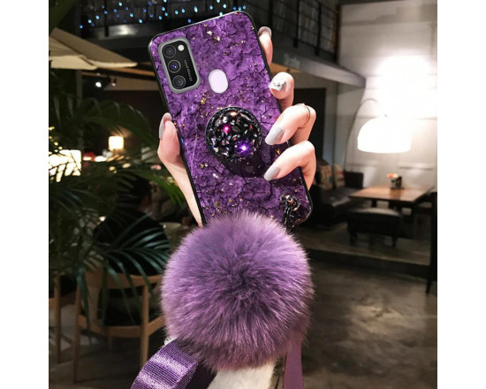 Силиконовый чехол с попсокетом и меховым помпоном для Samsung M30s/M21 Фиолетовый