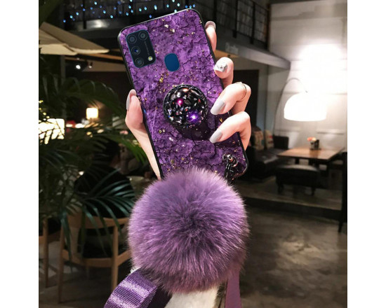 Силиконовый чехол с попсокетом и меховым помпоном для Samsung M31 Фиолетовый