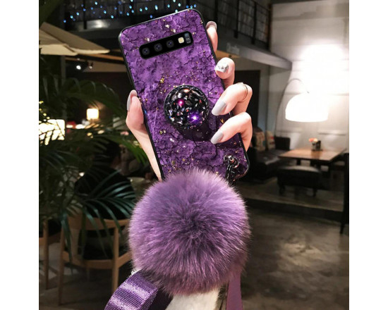 Силиконовый чехол с попсокетом и меховым помпоном для Samsung S10 Plus Фиолетовый