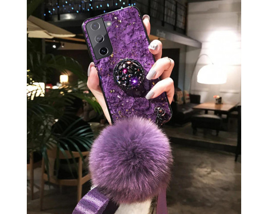 Силиконовый чехол с попсокетом и меховым помпоном для Samsung S21 Фиолетовый