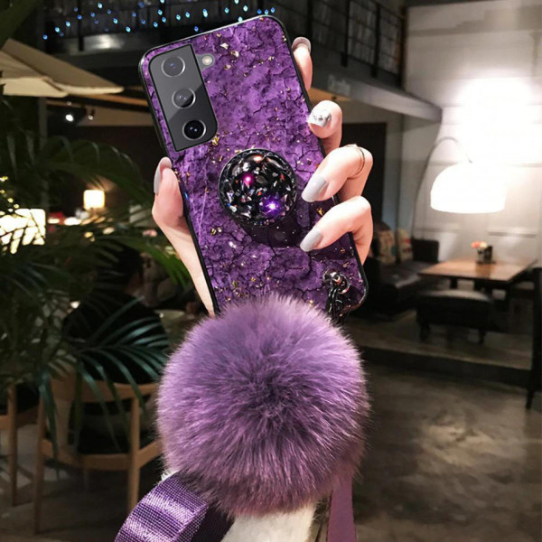 Силиконовый чехол с попсокетом и меховым помпоном для Samsung S21 Фиолетовый