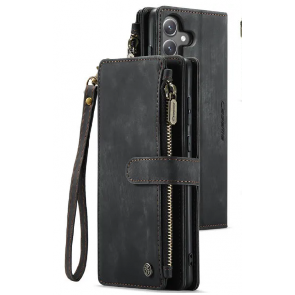 Чехол-кошелек CaseMe Retro Leather с манитом и ремешком для Samsung A14 Черный