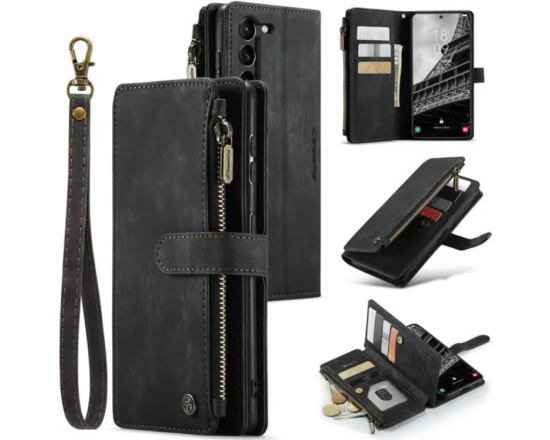 Чехол-кошелек CaseMe Retro Leather с манитом и ремешком для Samsung S23 Plus Черный