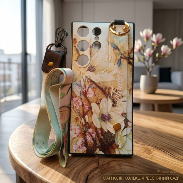 Силіконовий чохол для Samsung Galaxy S24 Ultra з ремінцем-підставкою та на шию Квіти на бежевому