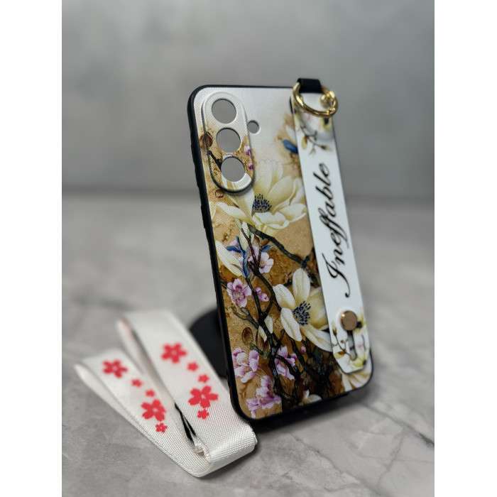 Силиконовый чехол для Samsung Galaxy S26+ с ремешком-подставкой и на шею Цветы на бежевом