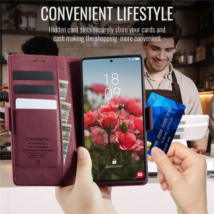 Чехол-книжка CaseMe RFID из нубука для Samsung Galaxy S23 Ultra Бордовый