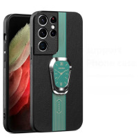 Защитный бампер Magnetic Litchi Leather для Samsung Galaxy S23 Ultra с кольцом-держателем Зеленый