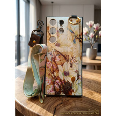 Силіконовий чохол для Samsung Galaxy S25 Ultra з ремінцем-підставкою та на шию Квіти на бежевому